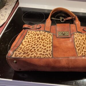 Fossil Brown Leather and Cheetah Print Weekender Tote Bag